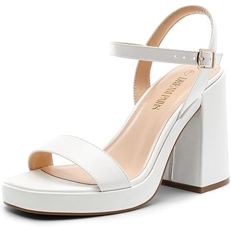 Dream Pairs Womens Size 8.5 White Open Toe 4.5" Chunky Block Heel Sandal Shoes