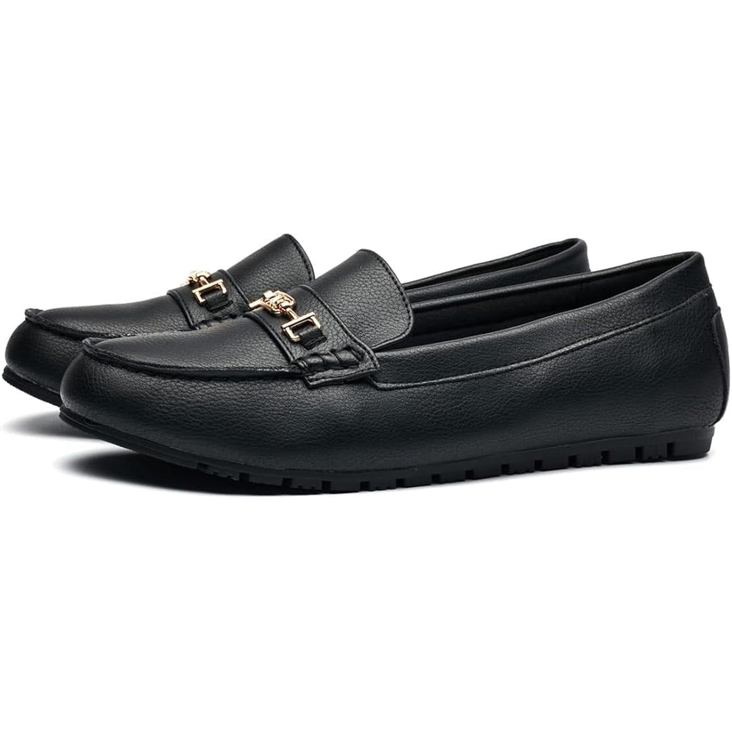 DeYashopin Womens Size 7 Black Faux Leather Gold Buckle Slip On Loafer Shoes