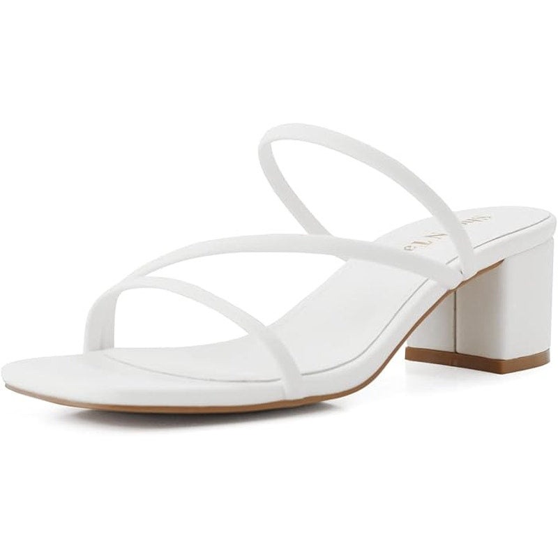 Shoe'N Tale Womens 6.5 White Faux Leather Open Toe 2.25" Heel Slide On Sandals