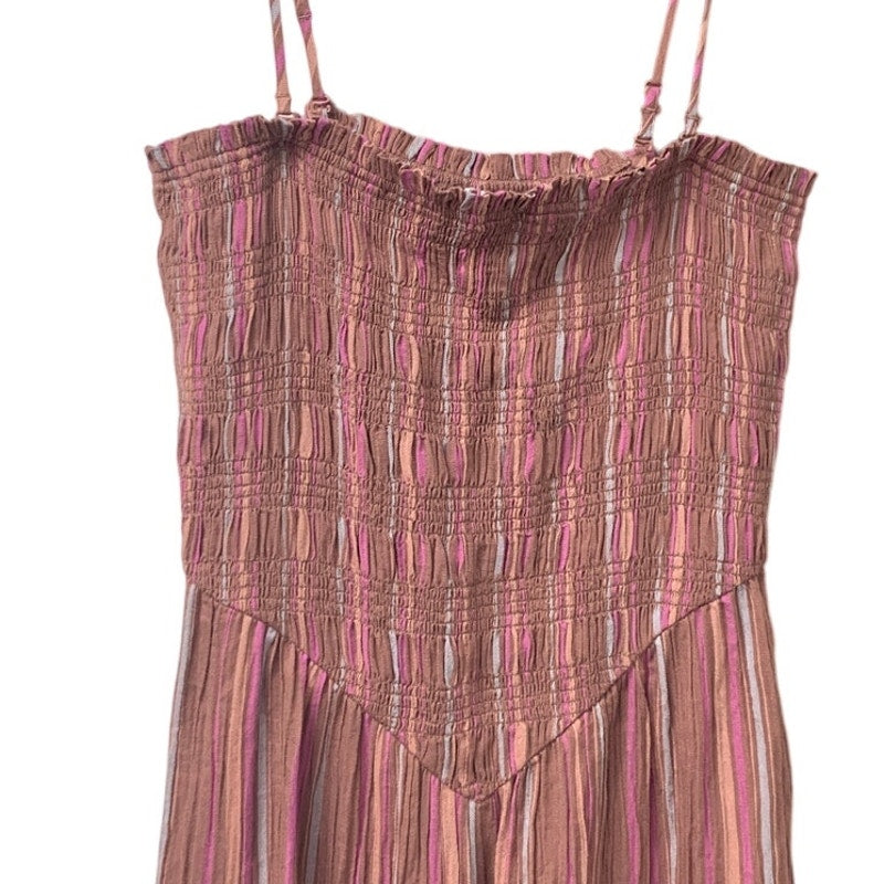 American Eagle Womens Medium Brown Pink Striped Smocked Wide Leg Long Jumpsuit