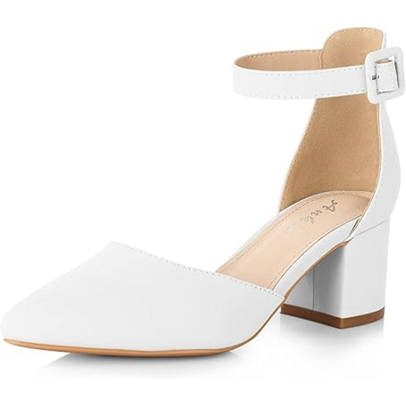 Ankis Womens Size 11 White Faux Leather Closed Toe 2.25" Heel Ankle Strap Shoes