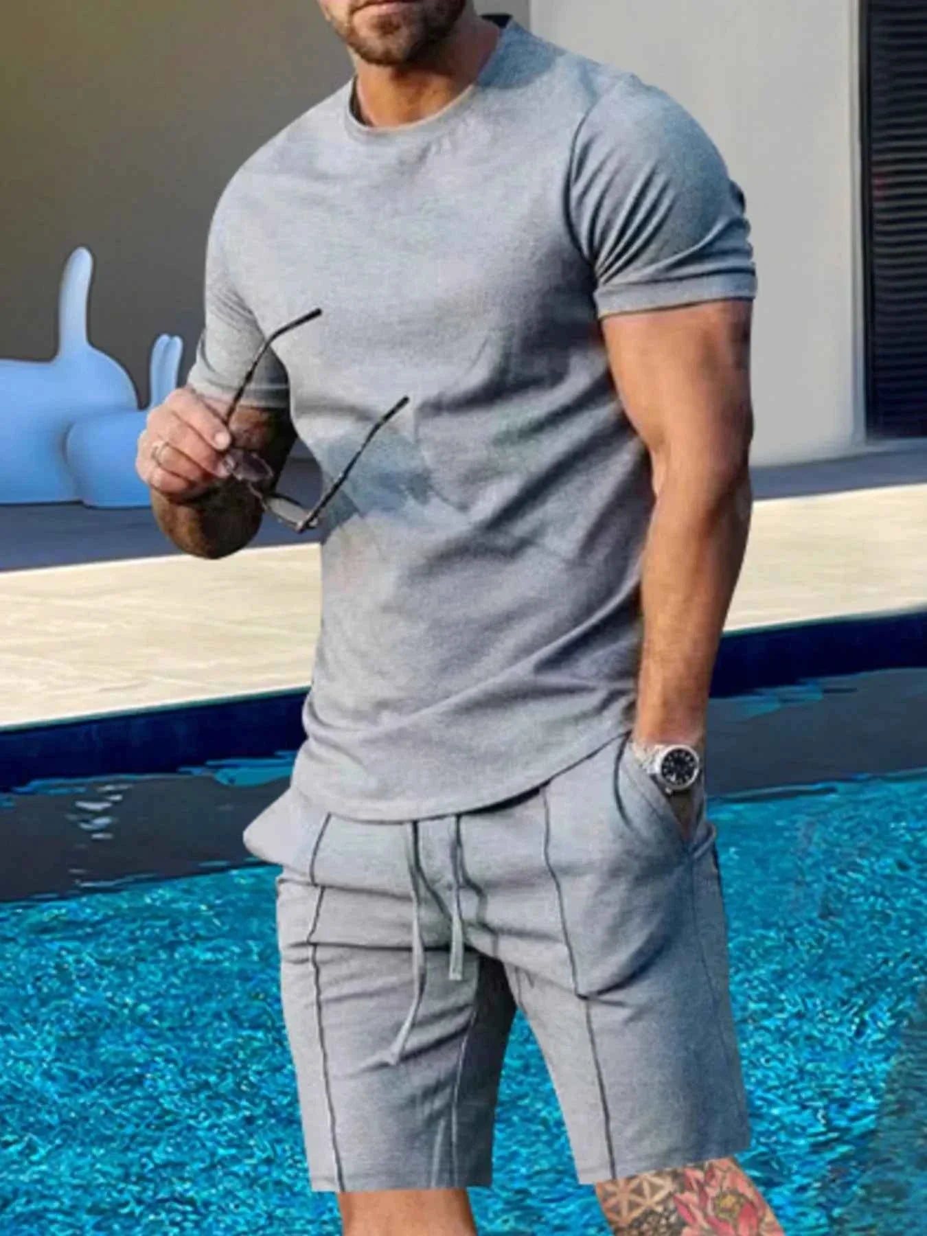 Men's Plus Size Round Neck Short Sleeve Top and Shorts Set