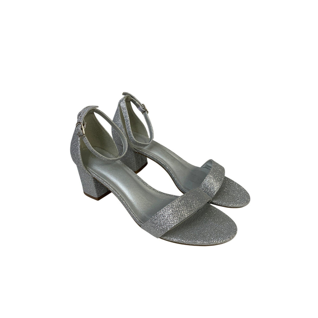 Womens Size 9 Silver Glitter 2.5" Chunky Heel Open Round Toe Ankle Strap Shoes