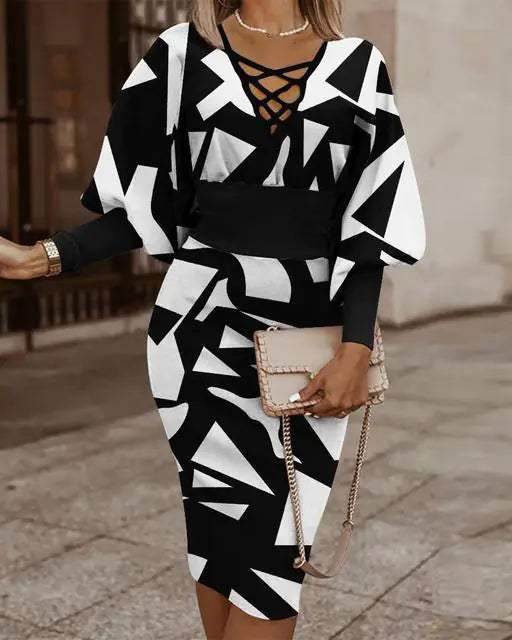 Elegant Women's V-Neck Long Sleeve Pencil Dress