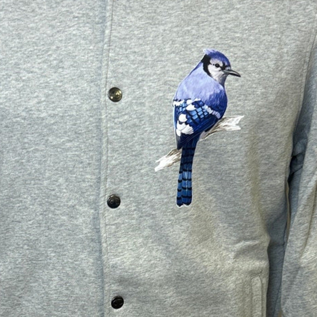 New Champion Mens Medium Gray Snap Up Hand Printed Blue Jay Bird Bomber Jacket