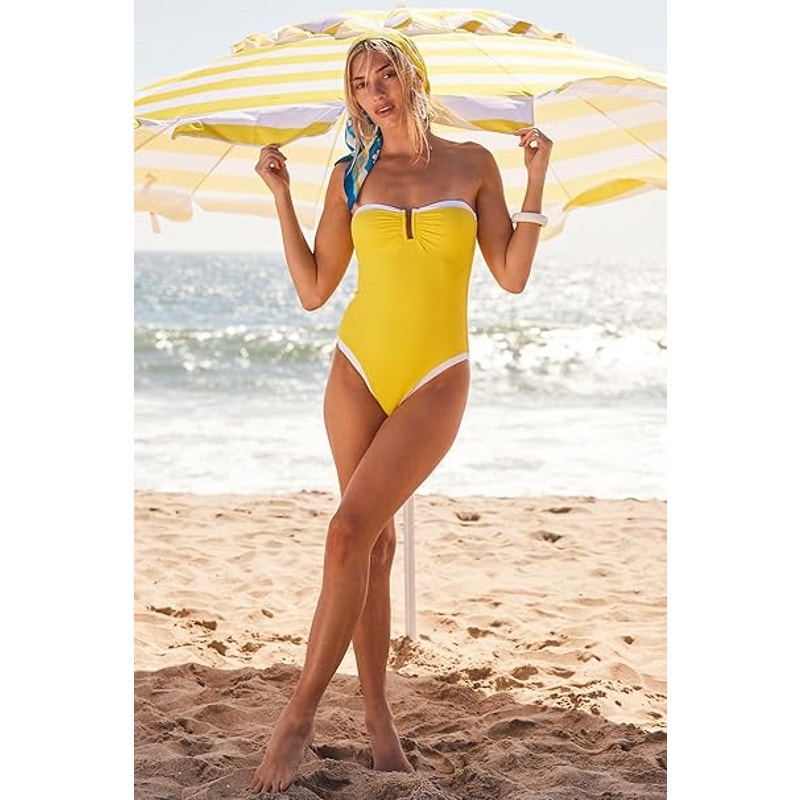 NWT New Trina Turk Womens Size 12 Yellow Halter Bandeau One Piece Swimsuit
