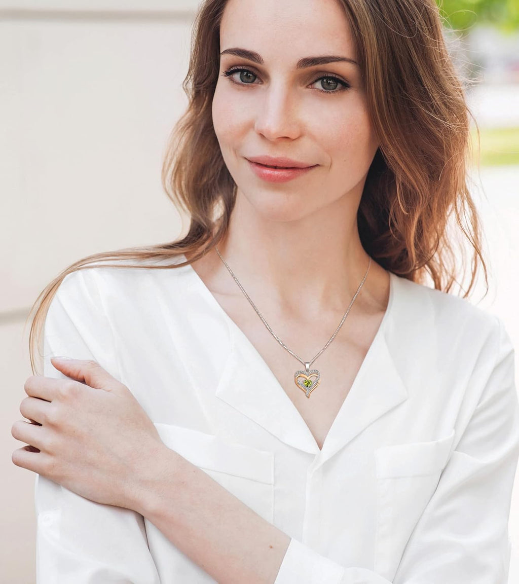 925 Sterling Silver Heart Necklace for Women Double Love Heart Pendant 18K Rose Gold Plated Created Peridot Jewelry for Mom
