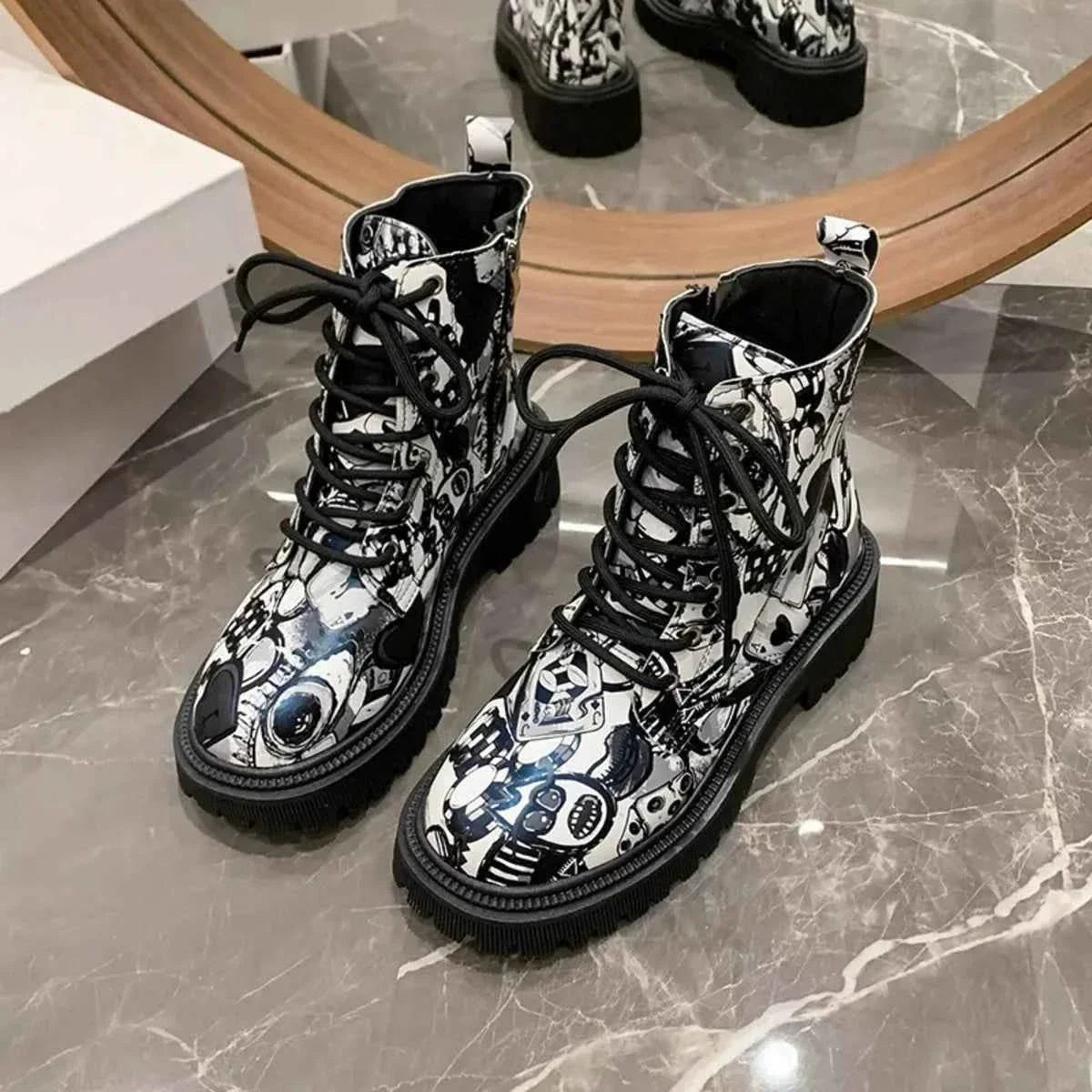 Graffiti Print Combat Boots : Colorful Street Art Design
