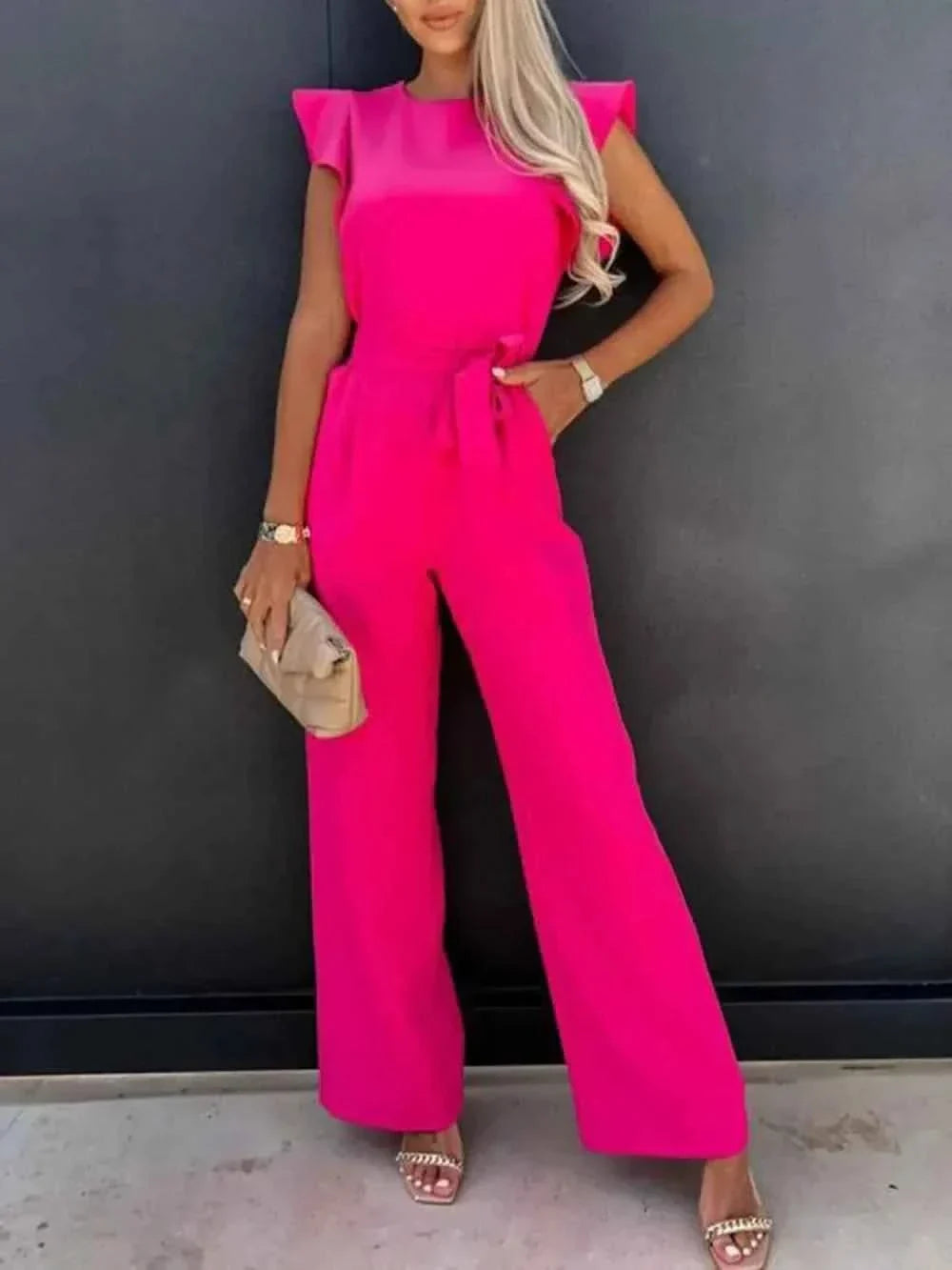 Ruffled Round Neck : Cap Sleeve Jumpsuit