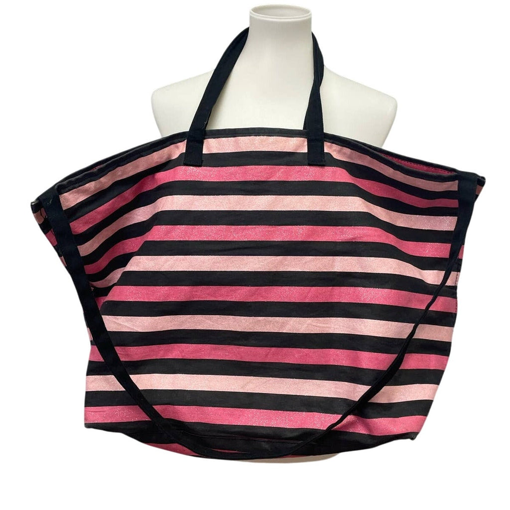 Victoria's Secret Black Pink Glitter Striped Zippered Tote Duffle Bag Long Strap