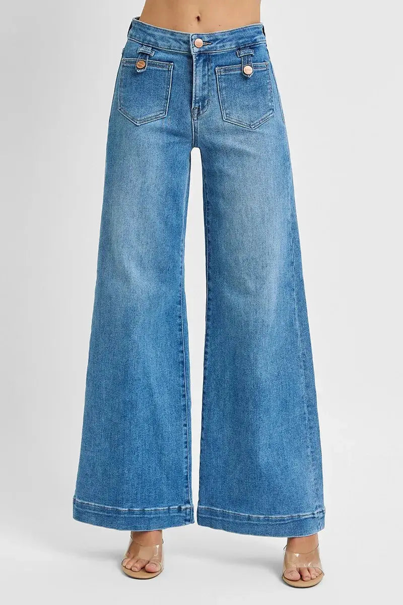 RISEN Jeans - Plus Size Mid Rise Wide Front Patch Pocket Jeans
