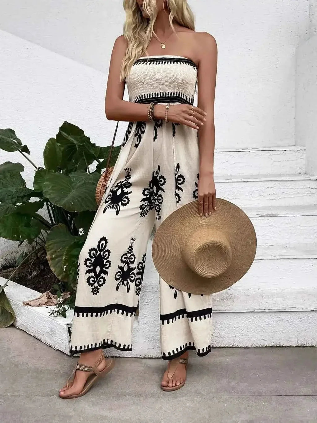 Smocked Printed : Wide Leg Jumpsuit
