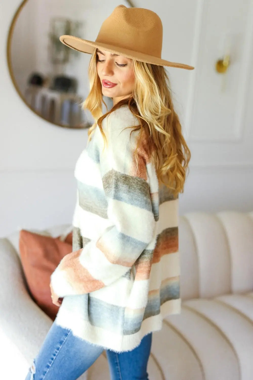 Haptics Full Size Button Down Stripe Soft Fuzzy Cardigan Sweater