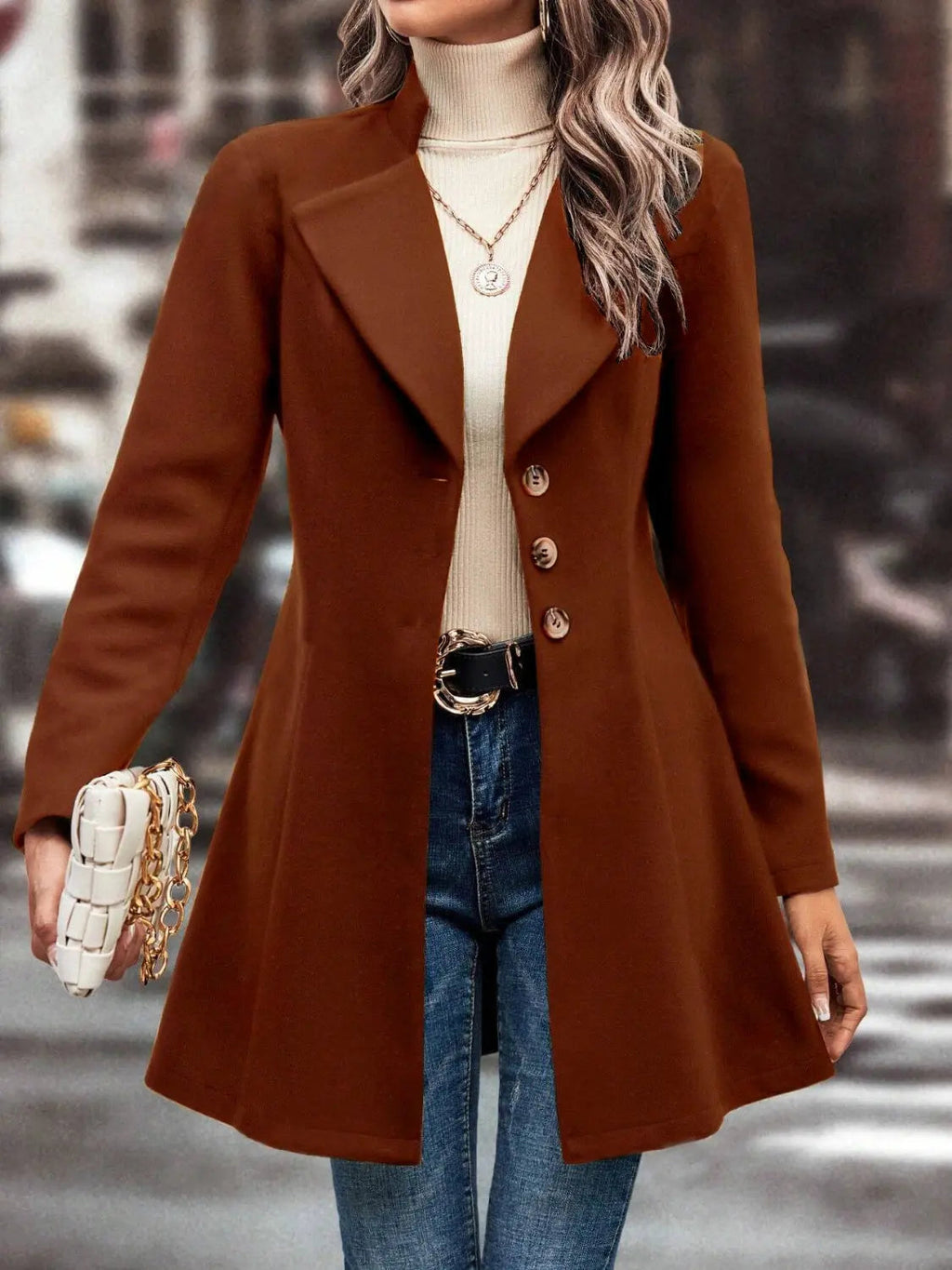 Collared Neck Long Sleeve Womens Longline Coat