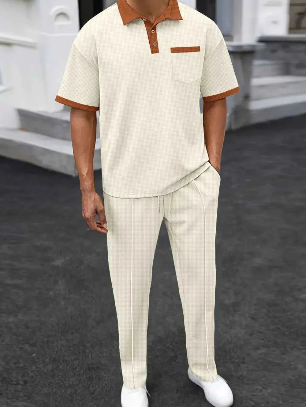 Men's Full Size Waffle-Knit Contrast Polo and Pants Set Plus Size