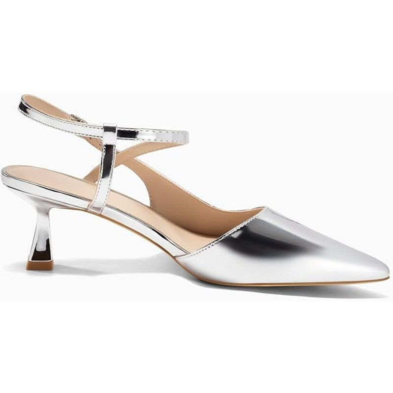 Lnsshee Womens Size 9 Shiny Silver 3" Low Kitten Heel Pointy Toe Slingback Shoes