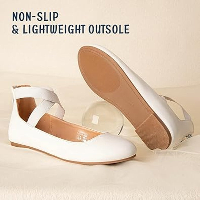 Trary Womens Size 8 White Faux Leather Elastic Strap Back Zip Ballet Flat Shoes