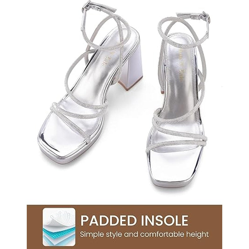 Shoe'N Tale Womens 8 Silver Mirror 4" Platform Heel Open Toe Ankle Strap Shoes