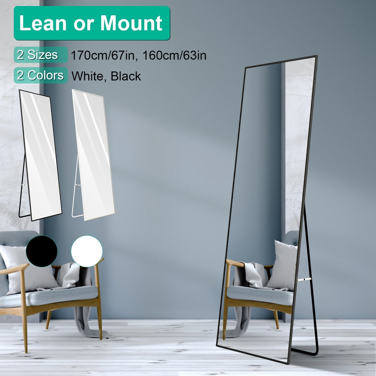 Full Length Mirror 63x18.9in Aluminum Alloy Wall Mirror Free Standing Floor Mirror Hanging Leaning Against Wall for Dressing Bedroom Living Room