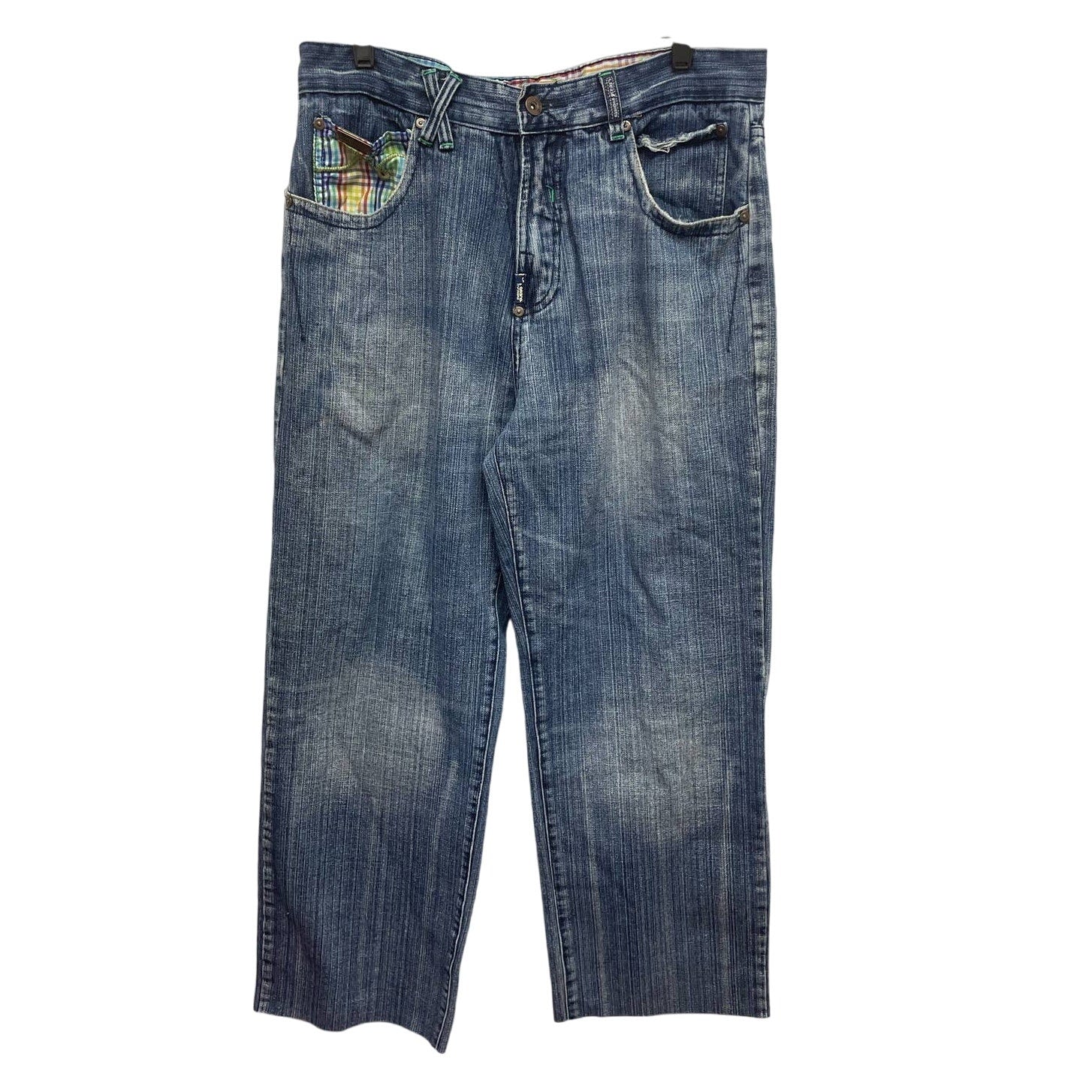 LRG Geans Womens Large 34 US 14 Make Jeans Not War Cutoff Denim Blue Jeans