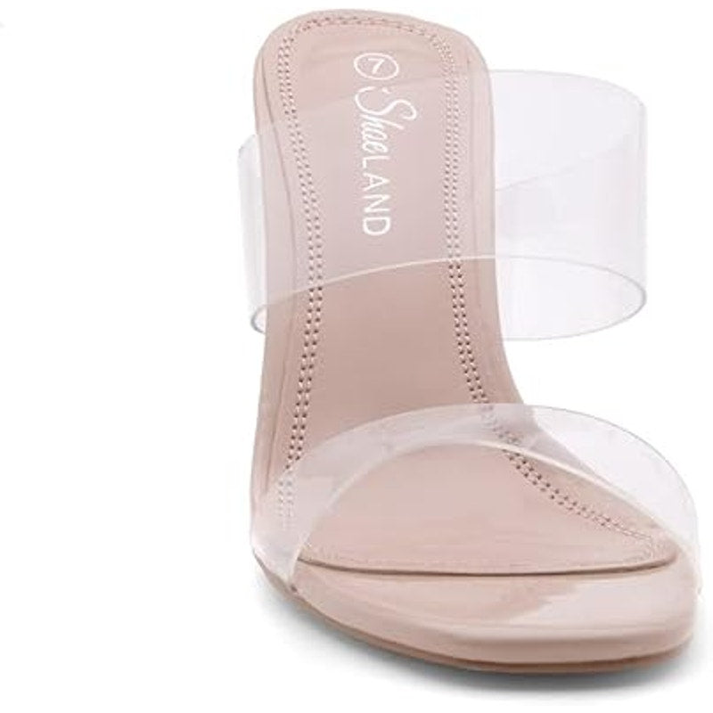 Shoe Land Womens Size 9 Open Toe 4" Clear Slide On Two Strap Heels Sandal Shoes
