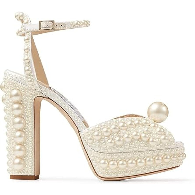 Goolita Womens Size 10.5 White Pearl Open Toe 5" Platform Heel Ankle Strap Shoes