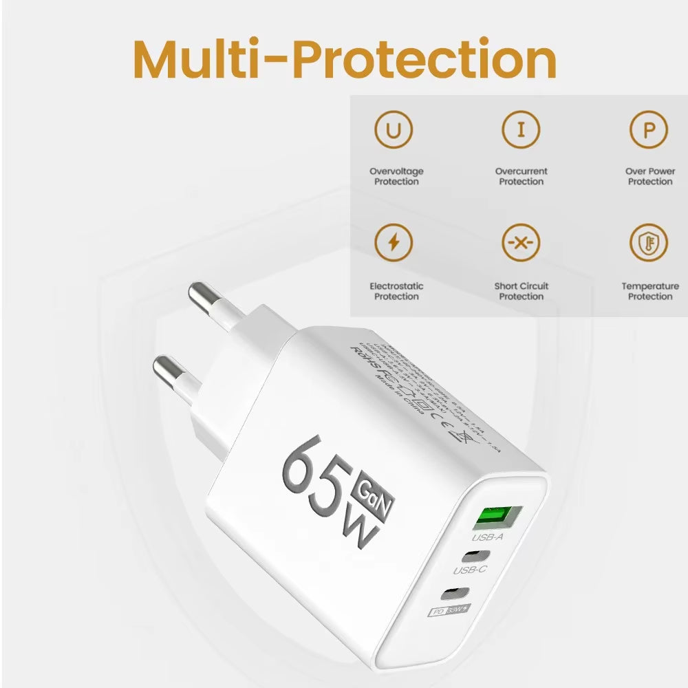 Gan Fast Charging Charger USB PD Type-C Multi-Port Mobile Phone Adapter for Iphone 15 Pro Max Samsung Xiaomi Huawei