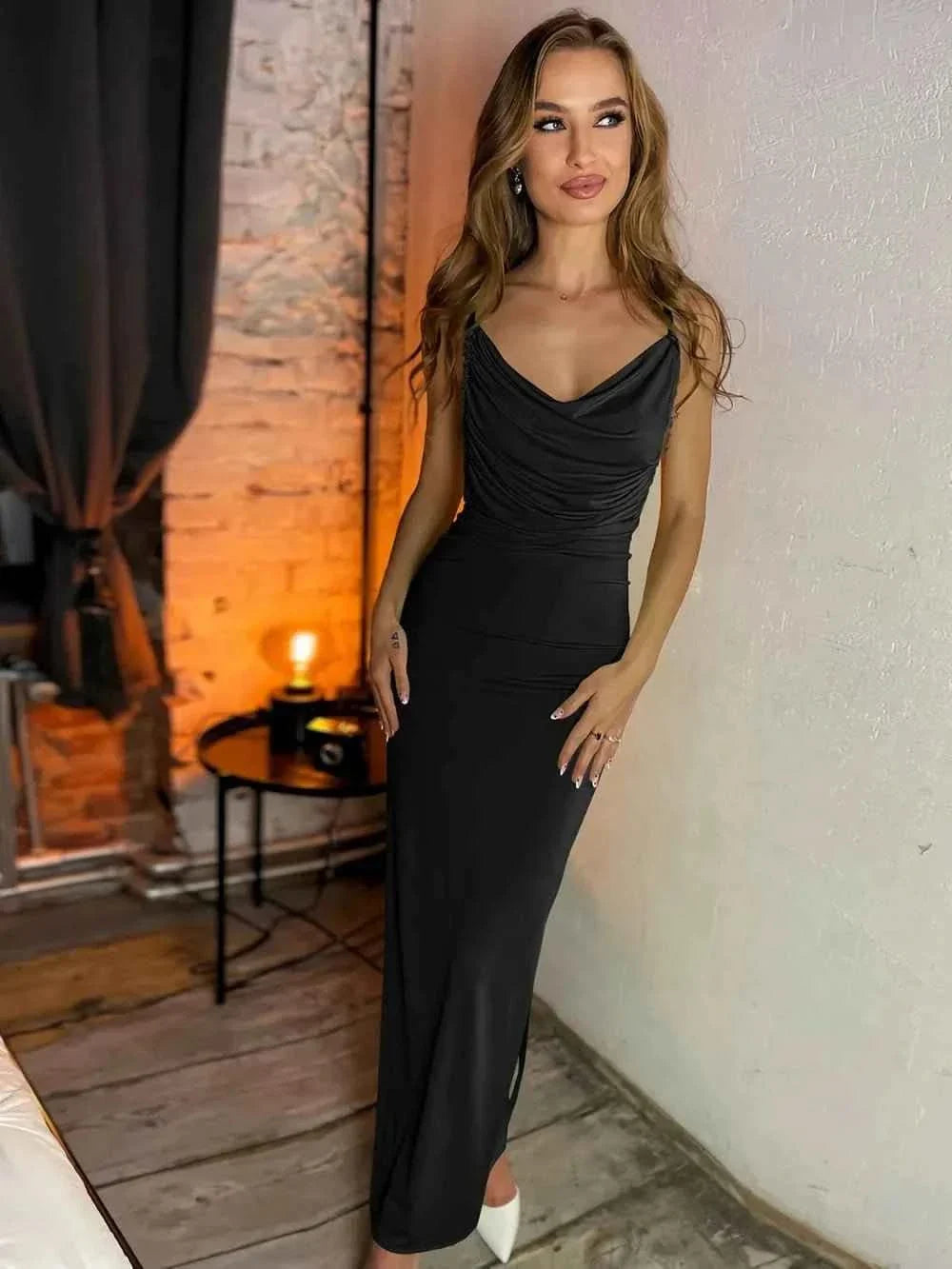 Backless Cowl Neck Sleeveless : Cami Dress
