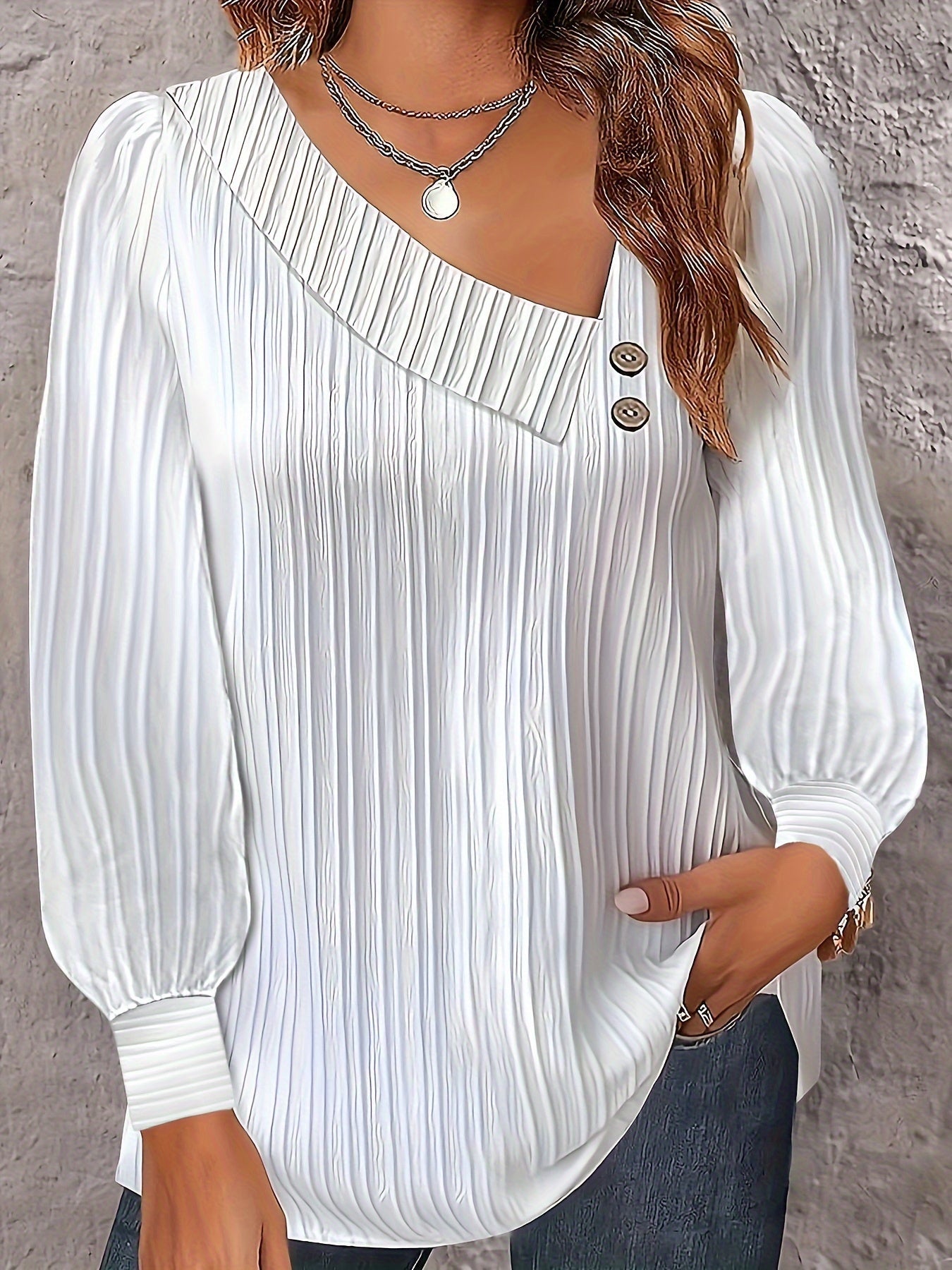 Chic Plus Size V-Neck Blouse Decorative Buttons Glossy  Top