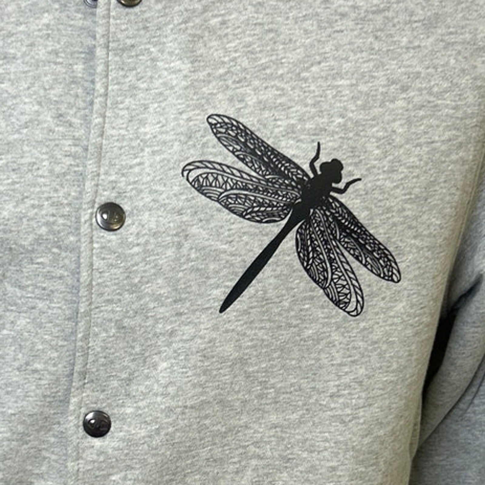 New Champion Unisex Medium Gray Snap Up Hand Printed Dragonfly Bomber Jacket