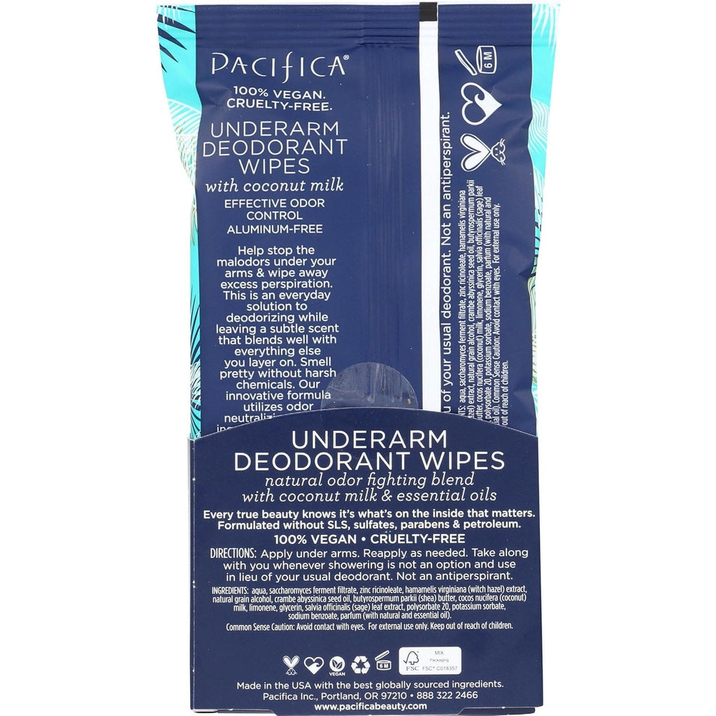 Pacifica 30pc Coconut Milk Underarm Aluminum Free Single Use Deodorant Wipes