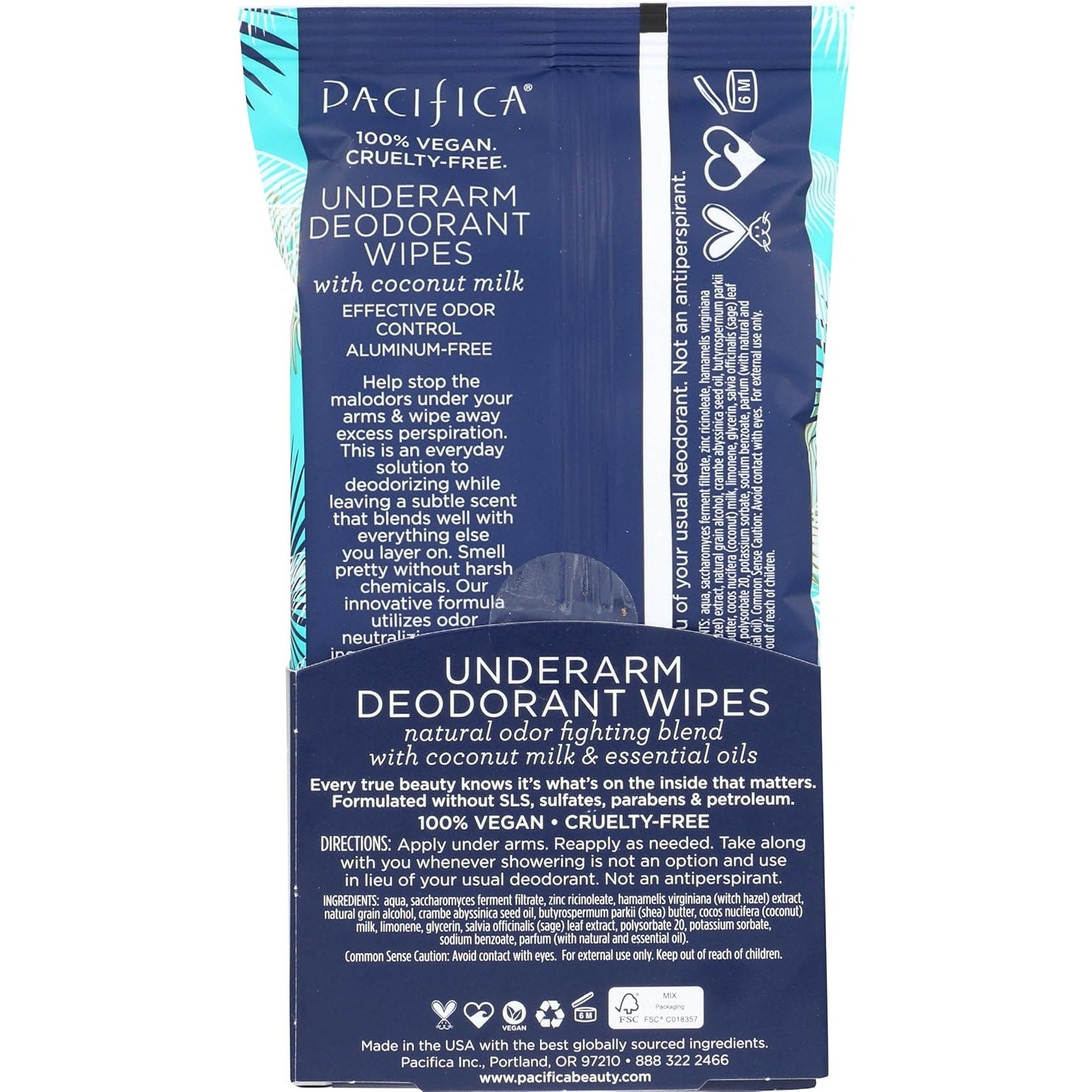 Pacifica 30pc Coconut Milk Underarm Aluminum Free Single Use Deodorant Wipes