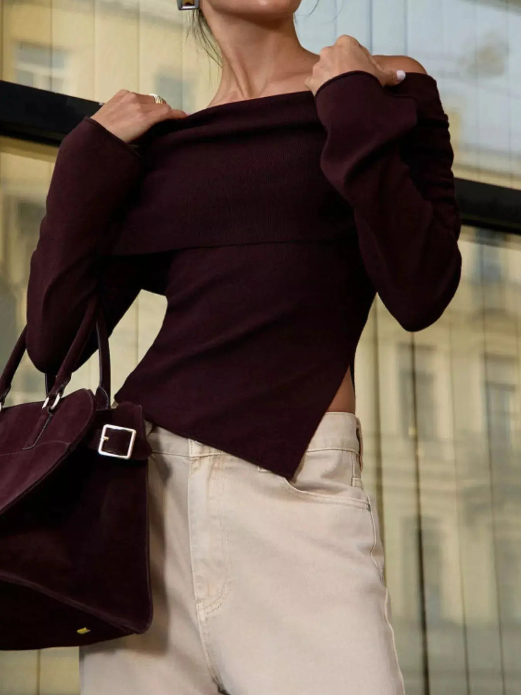 Asymmetrical Hem Off Shoulder Long Sleeve Knit Top