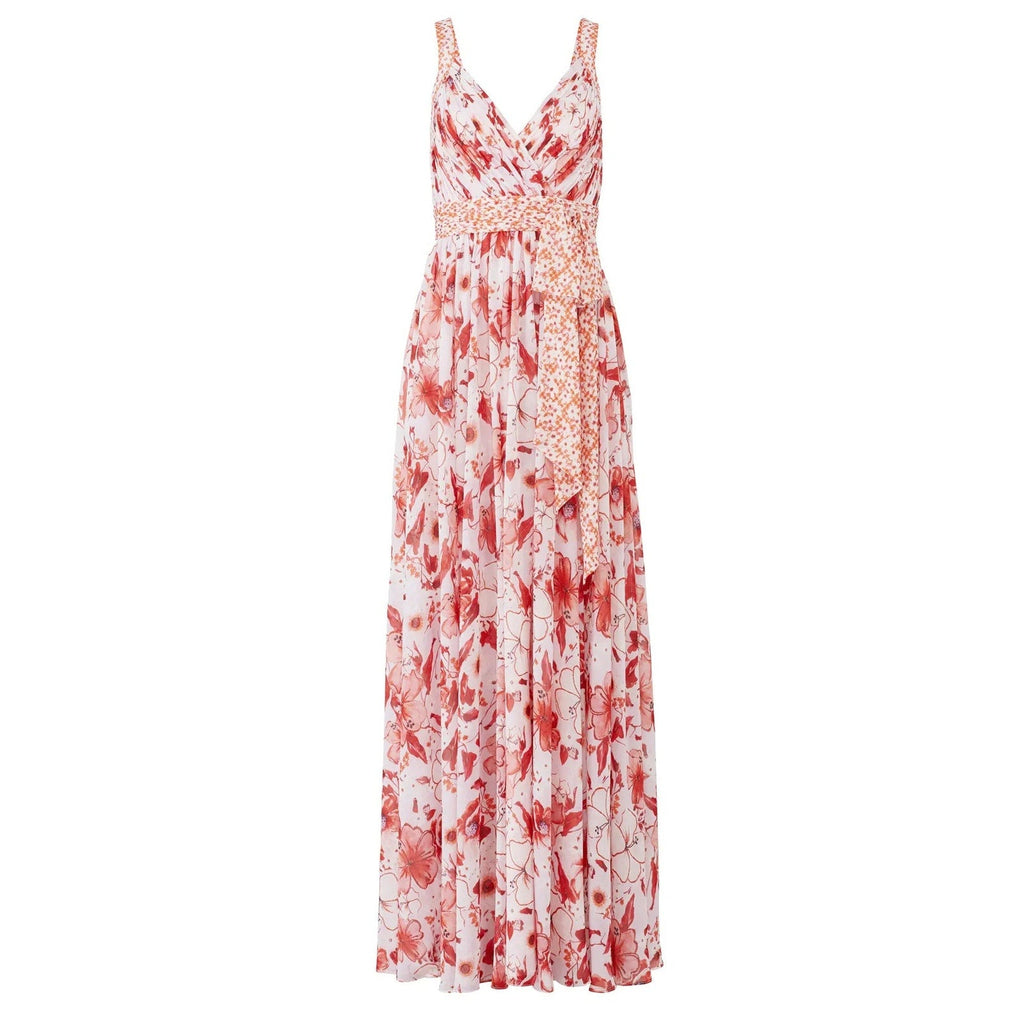 Badgley Mischka Size 16 Pink Floral Cris Cross Back Deep V Flowy Maxi Dress Gown