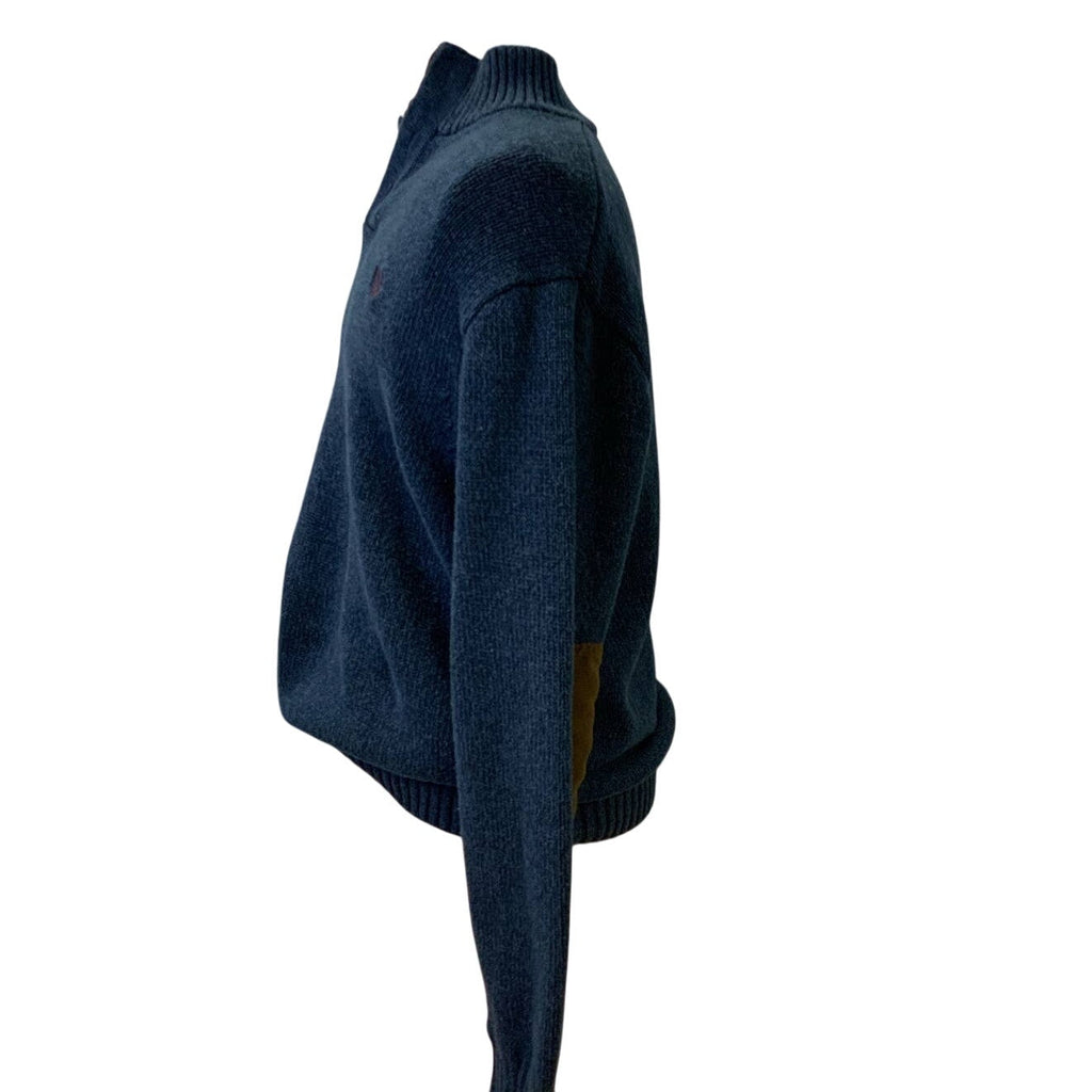 Chaps XL 1/4 Button Navy Blue 100% Cotton Knit Sweater w Leather Elbow Patches