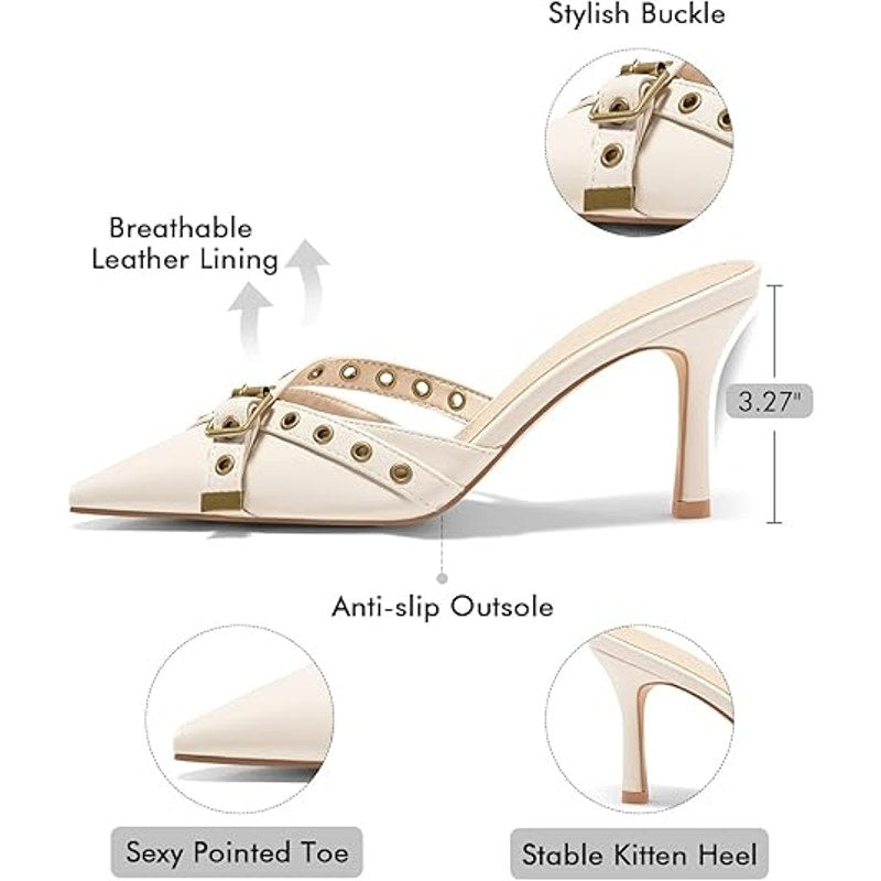 New Coutgo Womens Size 7 Ivory Stud SlipOn High 3" Heel Backless Close Toe Pumps