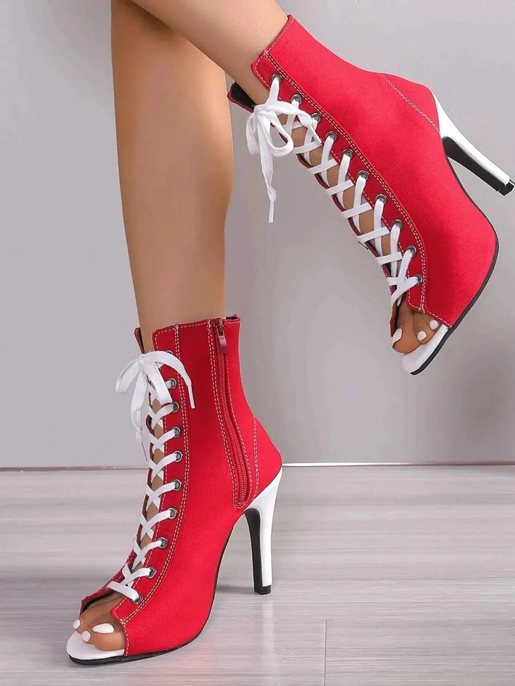 Canvas Lace-Up Peep Toe : Stiletto Ankle Boots