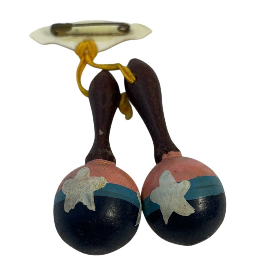 Vintage Handmade Hand Painted Small Cuba Wooden Dangling Star Maracas Brooch Pin