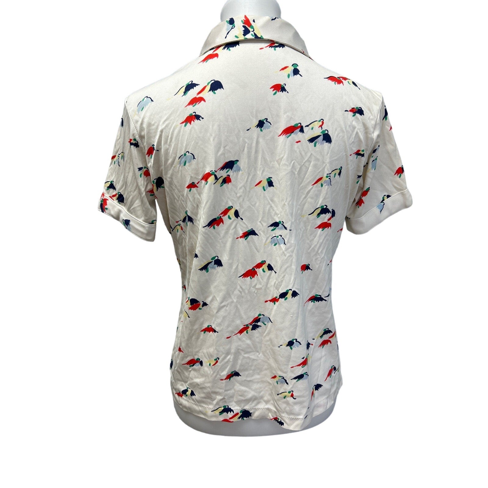 Vintage Womens Large Bird Short Sleeve Collared Polyester Polo Top Blouse