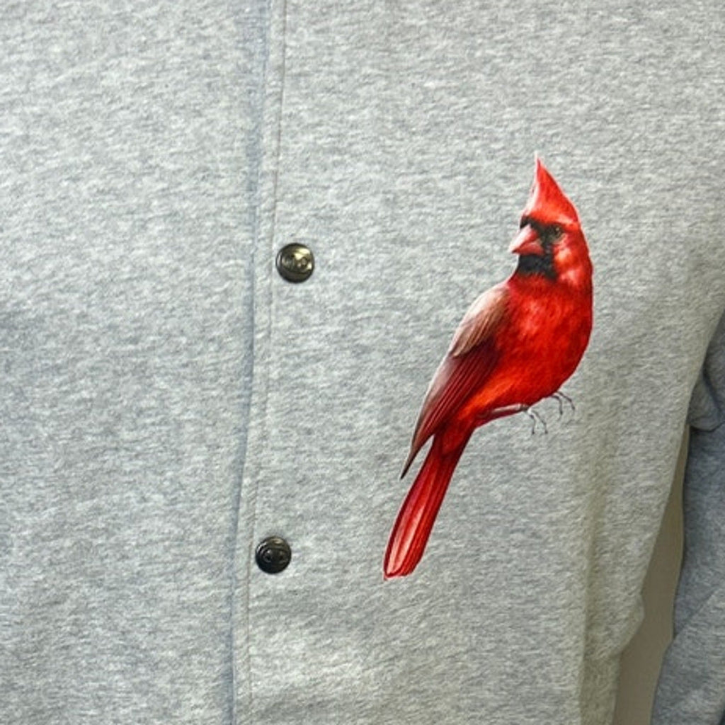 New Champion Mens Large Gray Snap Up Hand Printed Cardinal Bird Bomber Jacket