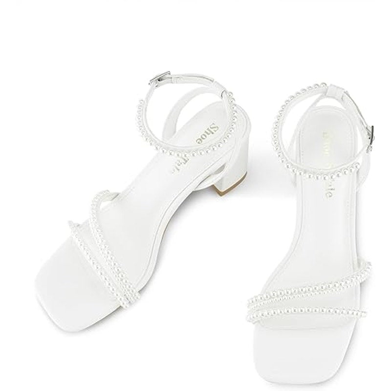 Shoe'N Tale Womens Size 7.5 Pearl White Ankle Strap 3" Block Heel Open Toe Shoes