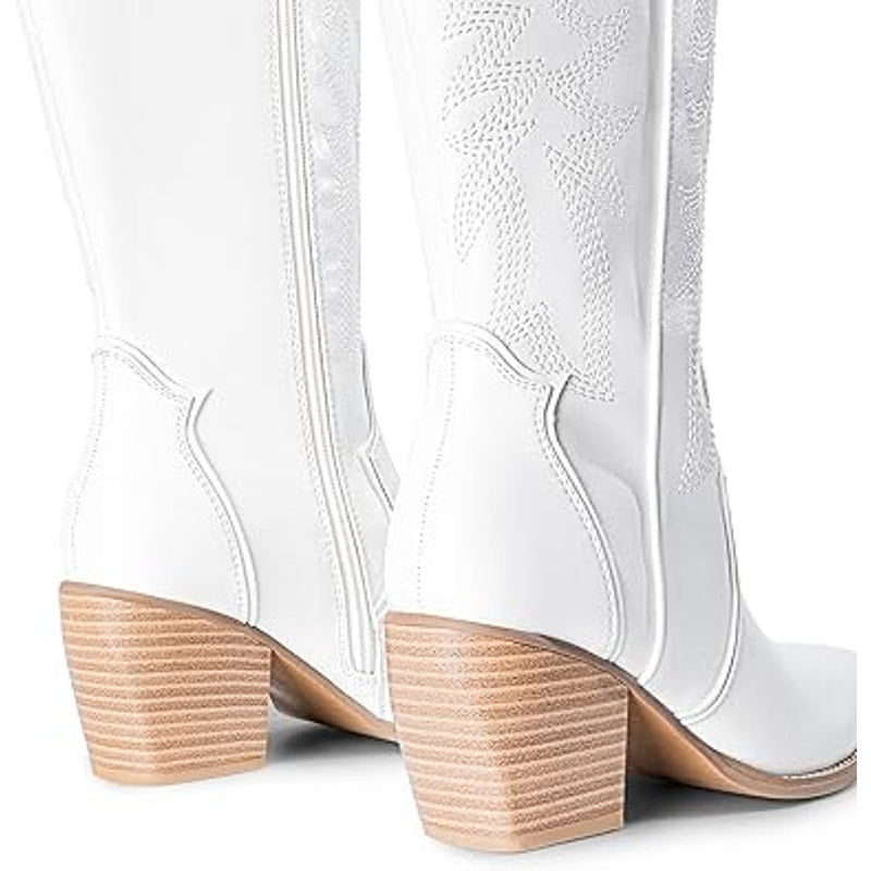 Dream Pairs Womens Size 8 White Faux Leather 3" Block Heel Western Cowboy Boots