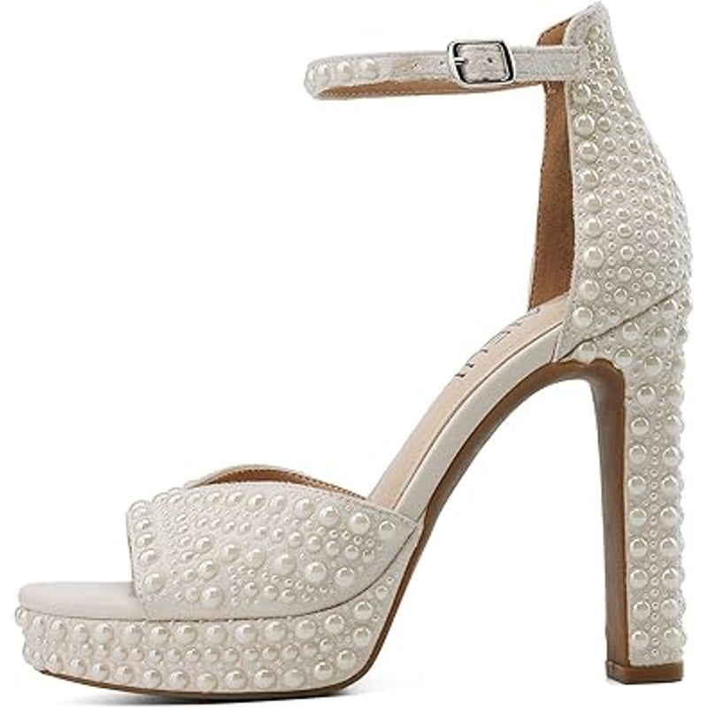 Teaieui Womens 7.5 White Pearl Open Toe 5" Heels Platform Block Sandals Shoes