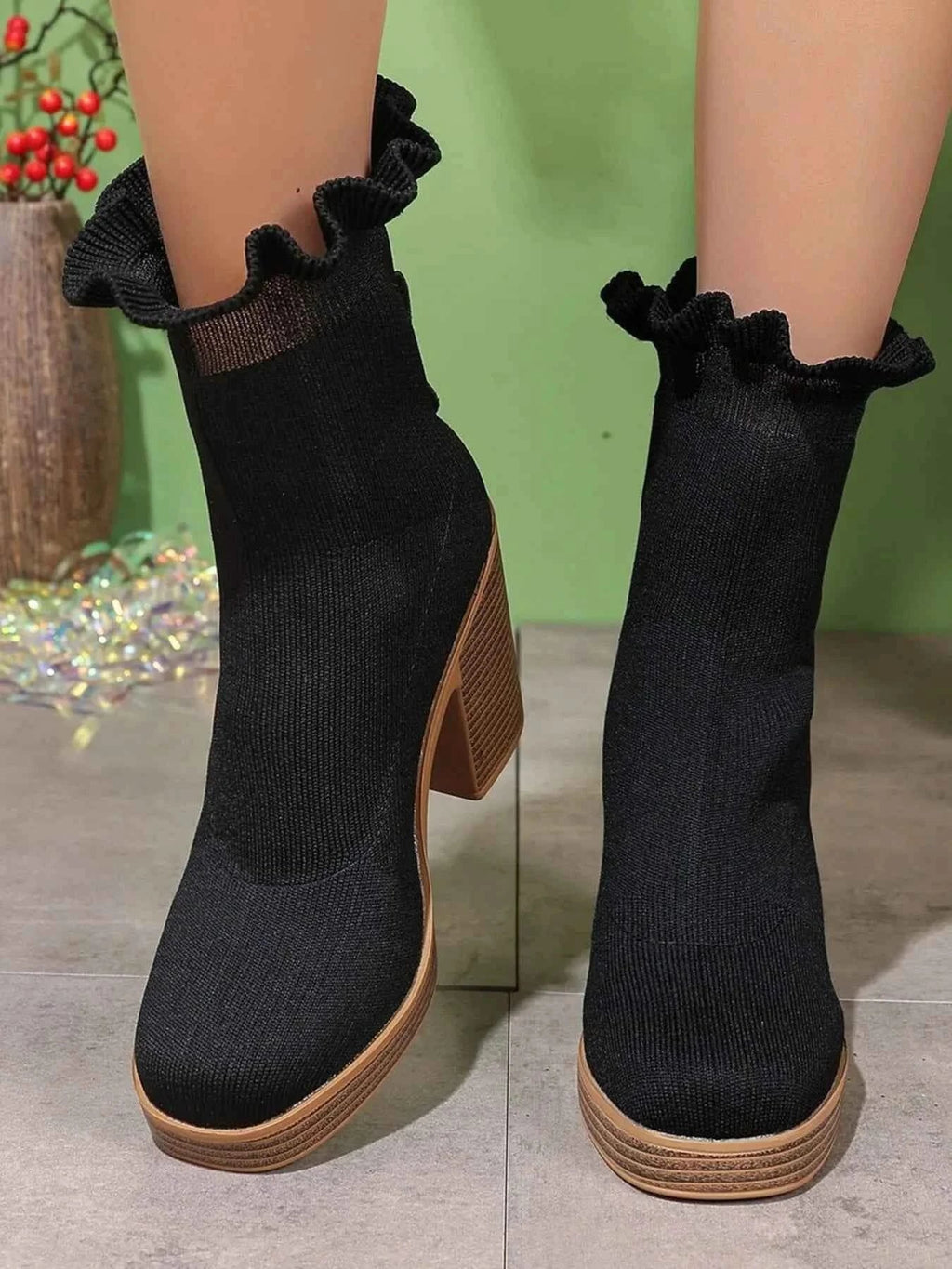 Stylish Ruffled Trim : Chunky Heel Boots