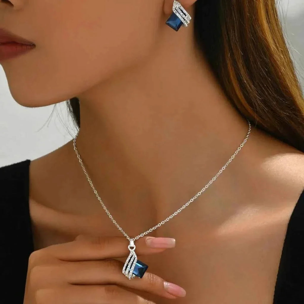 Crystal Geometric Jewelry Set - Stainless Steel Earrings & Necklace