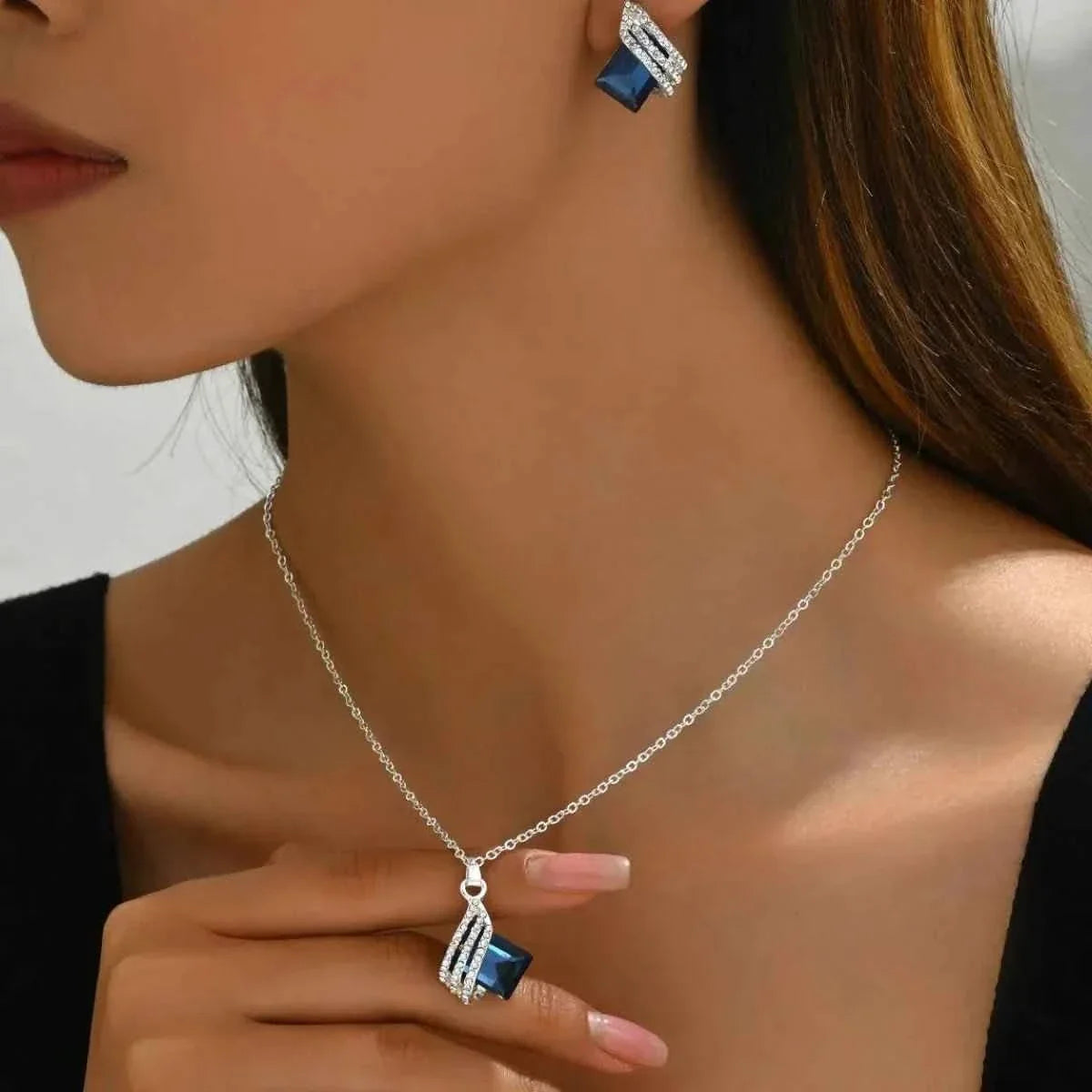 Crystal Geometric Jewelry Set - Stainless Steel Earrings & Necklace