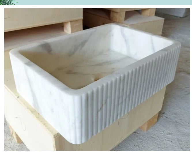 Carrara White Marble Wall Mount Sink | Luxury Bathroom Vanity Basin | Ribbed Textured Stone Sink