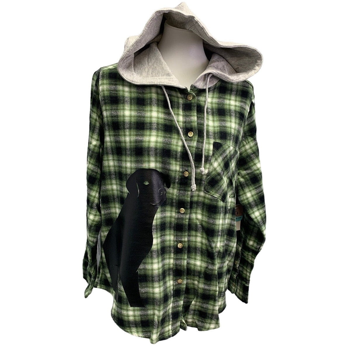 New Hand Printed Womens Large Black Lab Dog Long Sleeve Plaid Flannel Hoodie