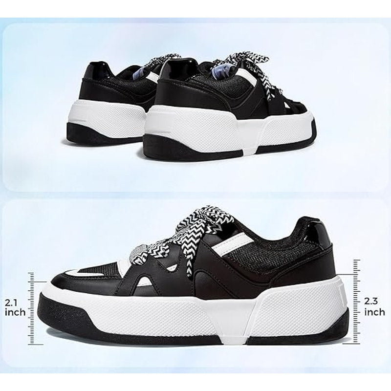 Lucky Step Womens Size 9 Black Thick Sole Faux Leather Retro Platform Sneakers