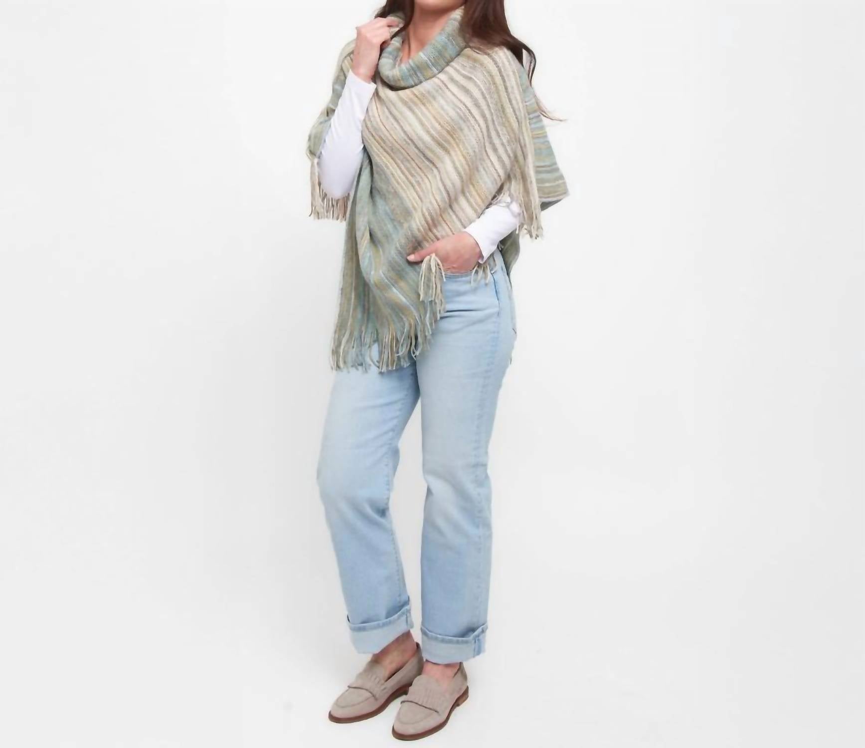 Tiya Striped Funnel Neck Poncho